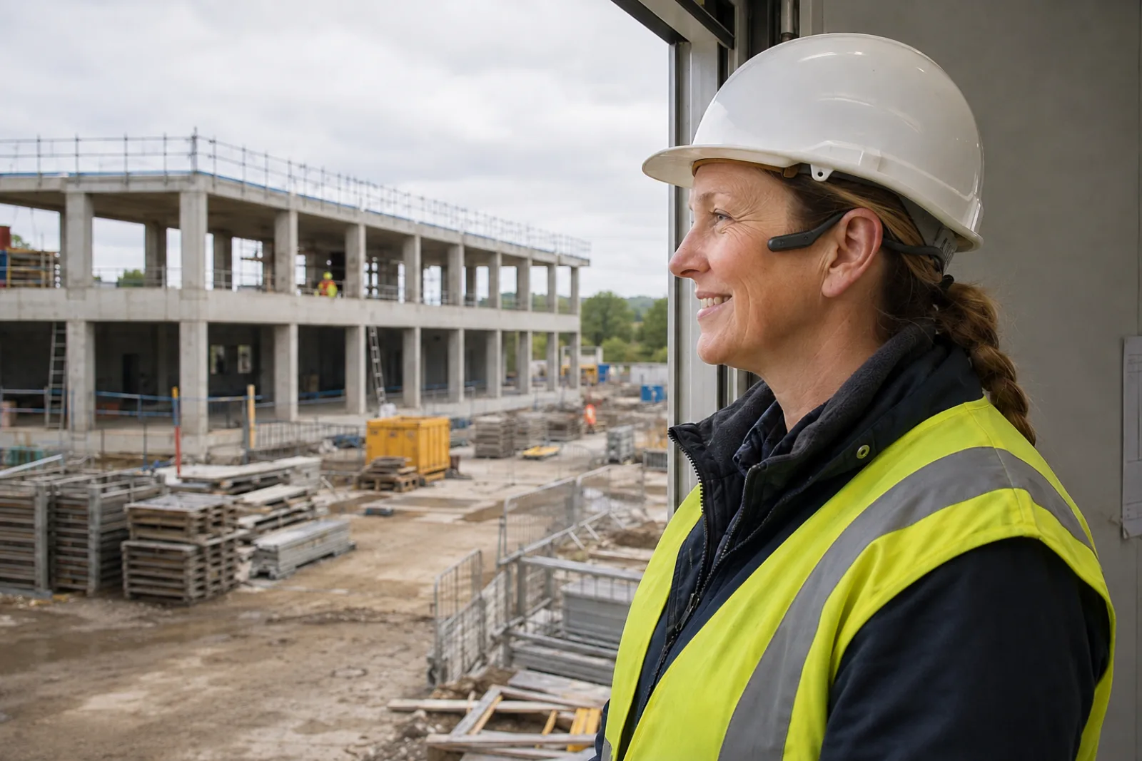 A site foreman reviewing the day, audio playing from a phone in a jacket pocket
