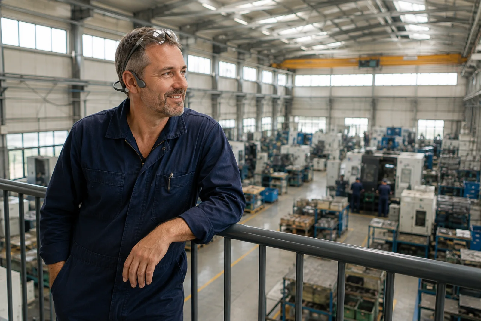 A maintenance technician on a factory mezzanine, taking a moment between tasks