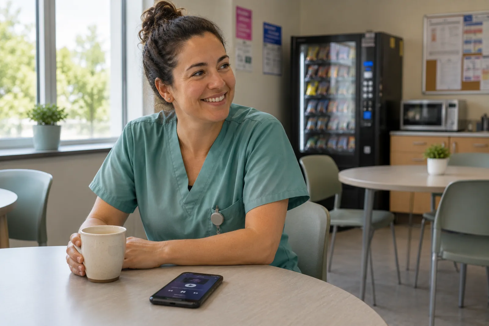 A ward nurse on a break, listening to something on her phone