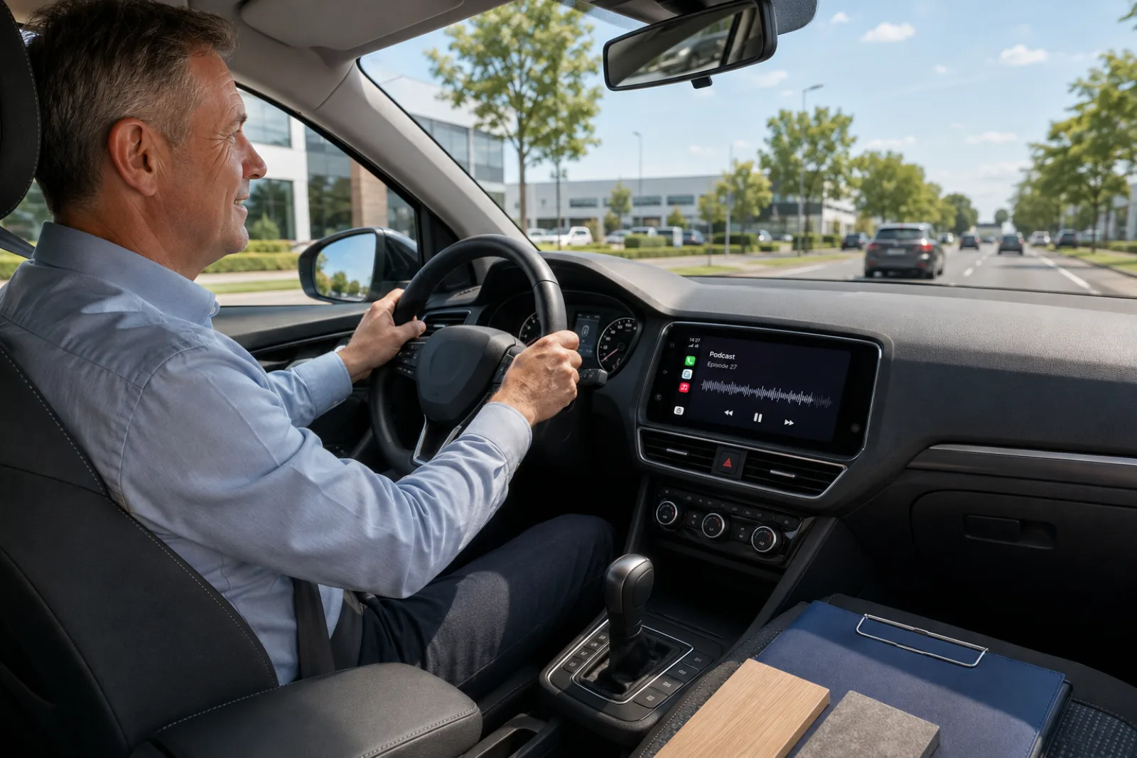 A sales rep driving between client visits, podcast on the car's CarPlay screen