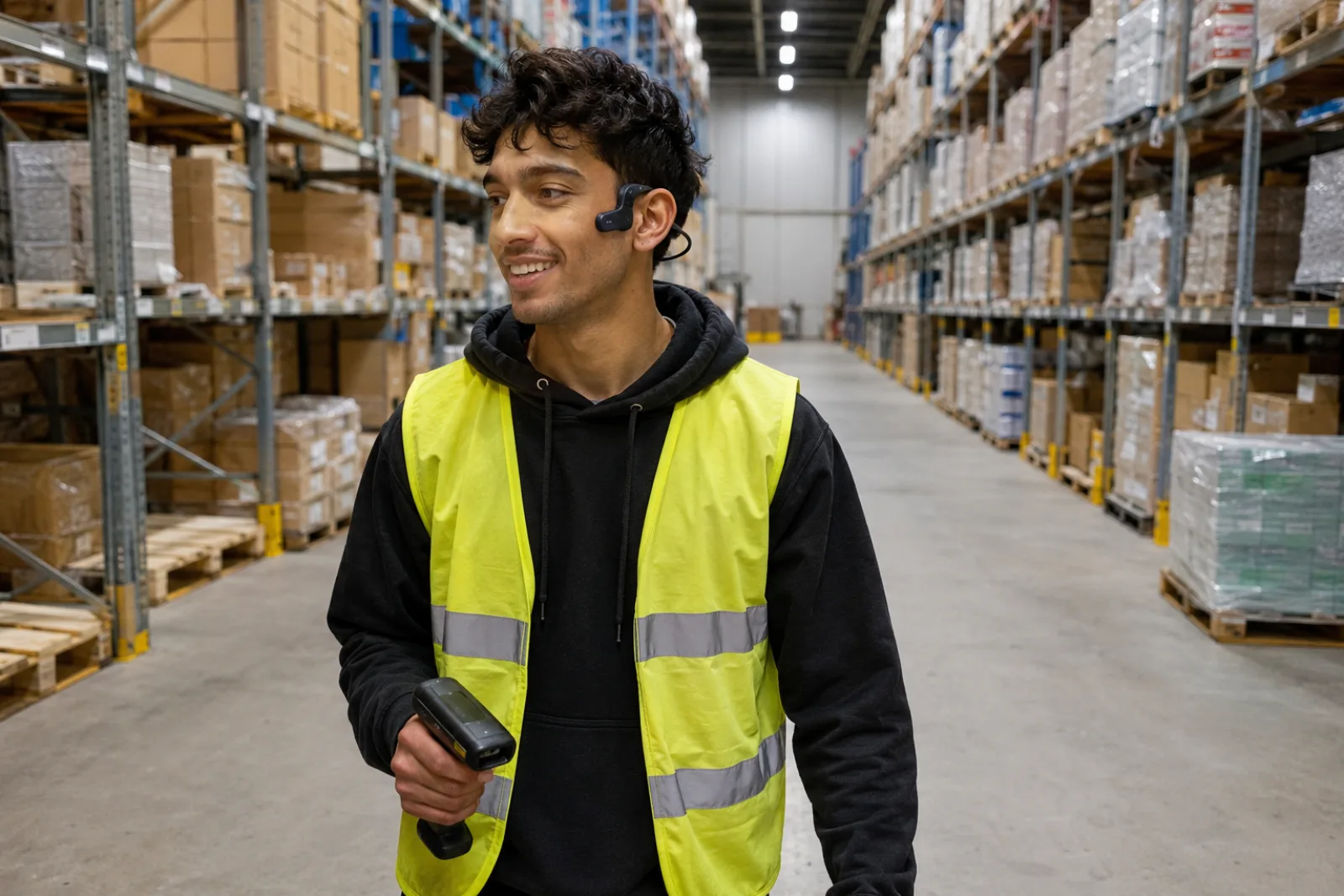 A warehouse picker walking a quiet aisle at the start of a shift